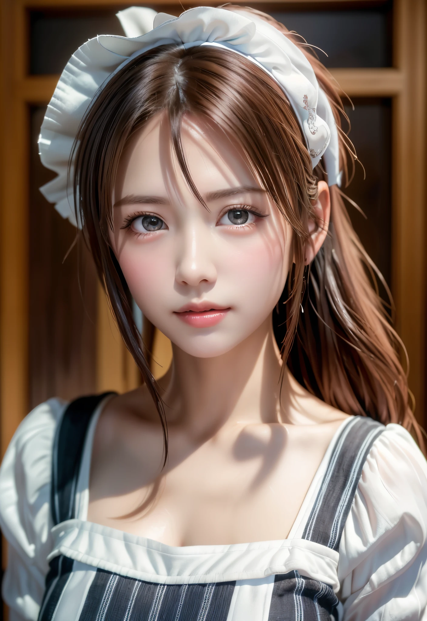 8K, of the highest quality, masutepiece:1.2), (Realistic, Photorealsitic:1.37), of the highest quality, masutepiece, Beautiful young woman, Pensive expression, Gentle eyes, Cute Maid Clothes, Hair tied back, feeling radiant, Cinematic background,, Light skin tone