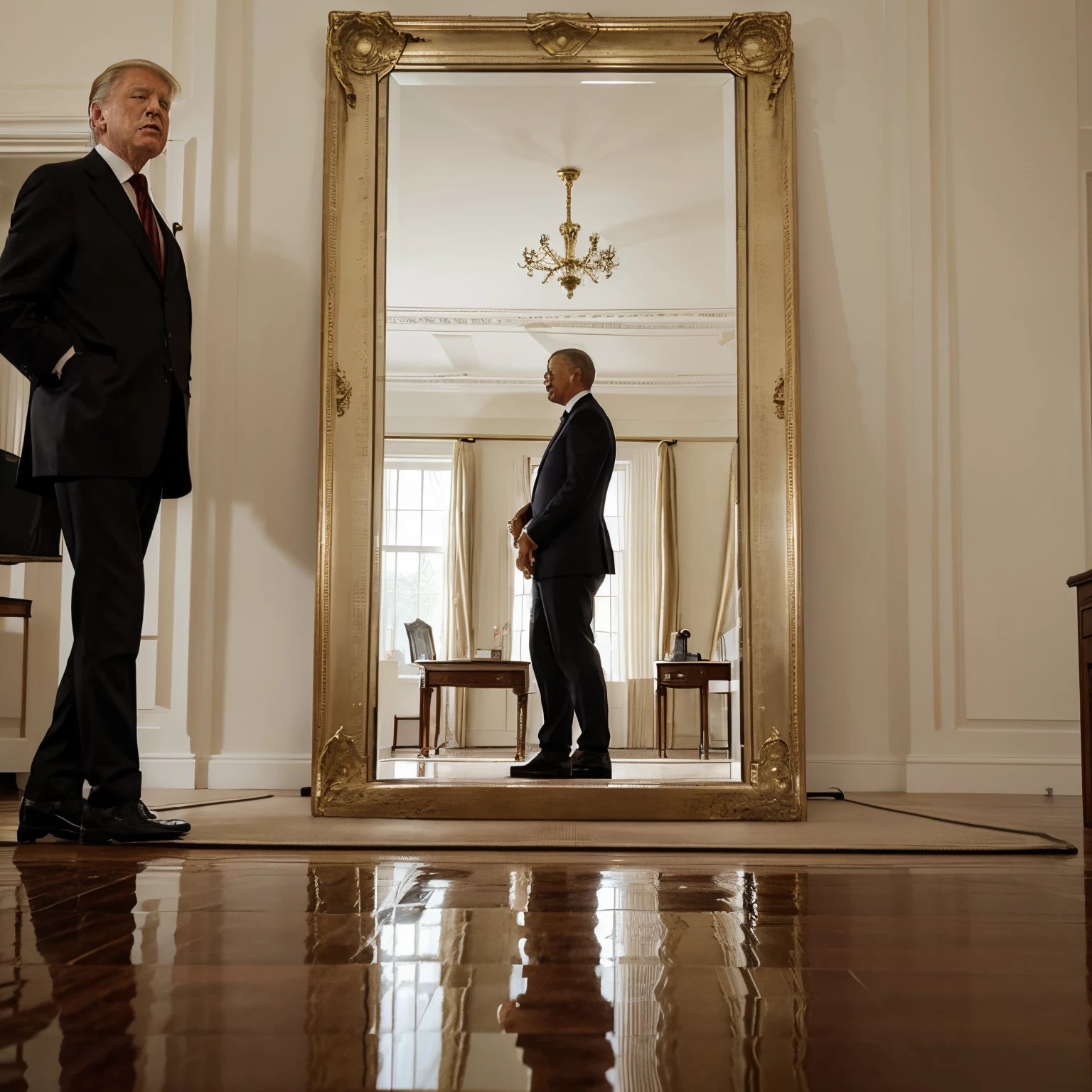 A US President speaking from the Oval Office there is a reflective mirror that stands as a wall to the presidents right. The reflection in the mirror is of a darker more sinister world where which also has a president delivering a speech.