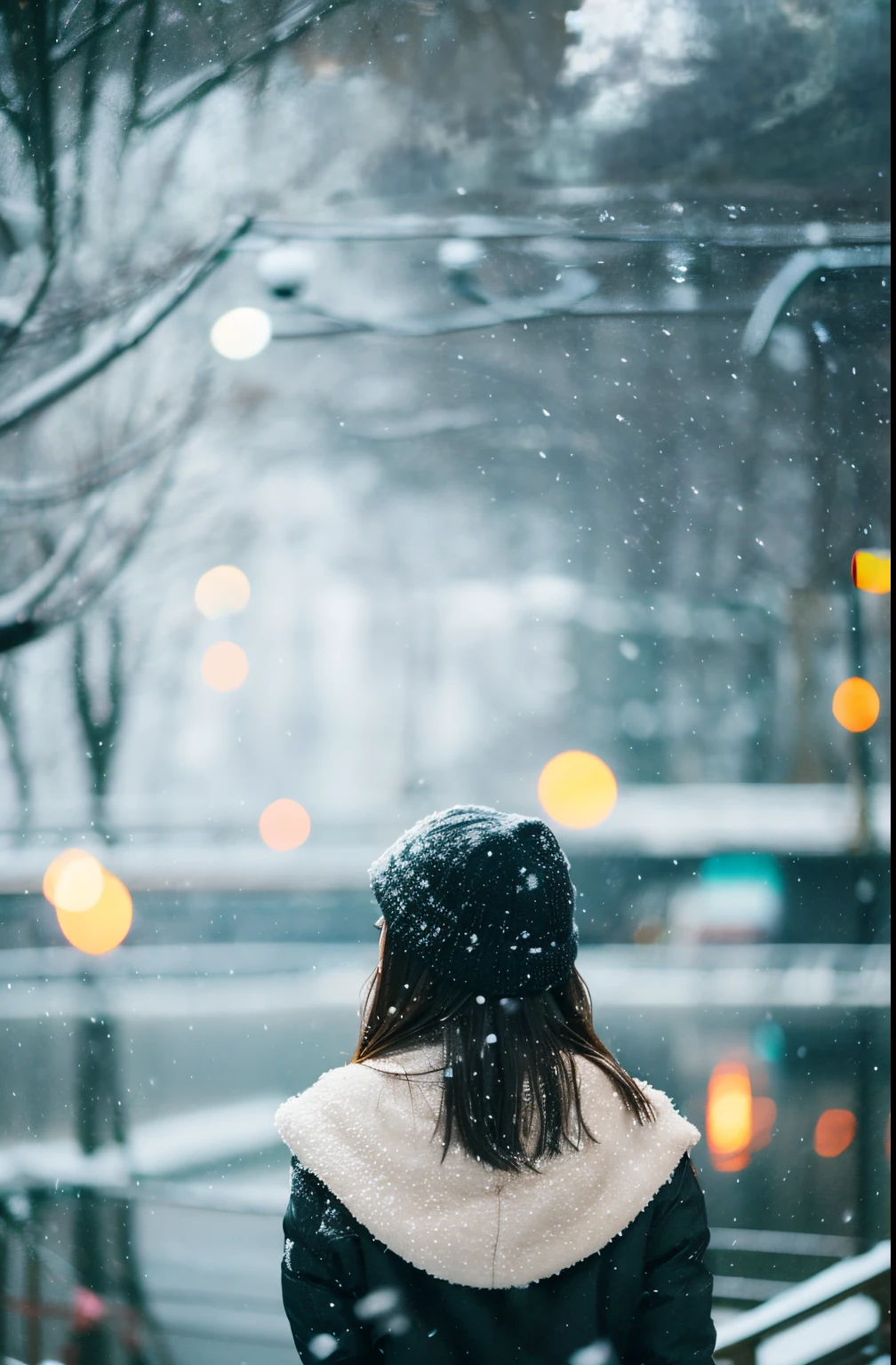 pedestrian bridge、bokeh dof、It's snowing、top-quality、Cold morning