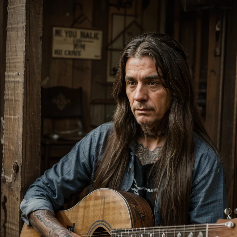 a long-haired and tattooed old man was playing the guitar in a quiet place with a slightly sad face