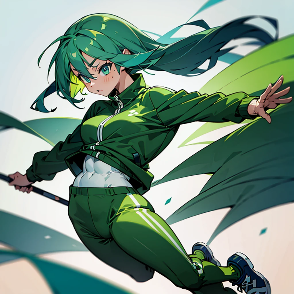 Buff muscular anime girl, green hair, green tracksuit, blue vibrant eyes, very muscular, athletic, portrait full body