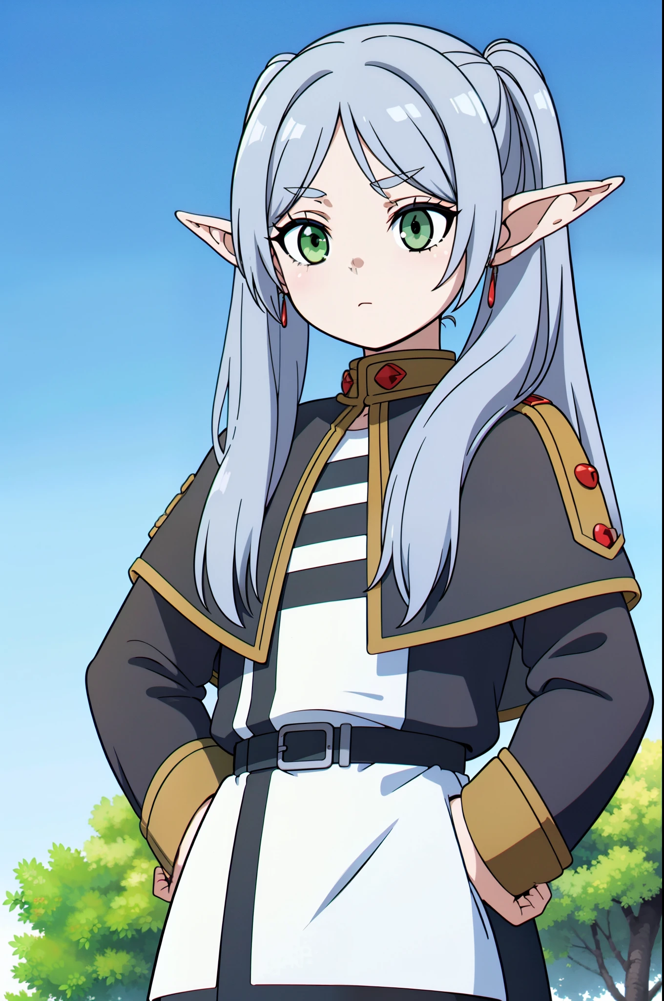 masterpiece, illustration, best quality, 8k, 1girl, solo, frieren, long hair, twintails, (green eyes:1.2), grey hair, pointy ears, elf, serious, calm behaviour, inexpressive, small breasts, capelet, jacket, striped shirt, belt, skirt, pantyhose, boots, ((close-up)), upper body, ((hands on hips))