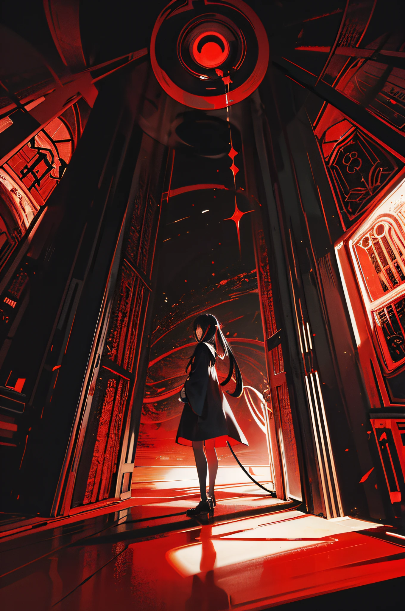 black grand gate, red spiral gate, black background, album cover style, abstract cool art