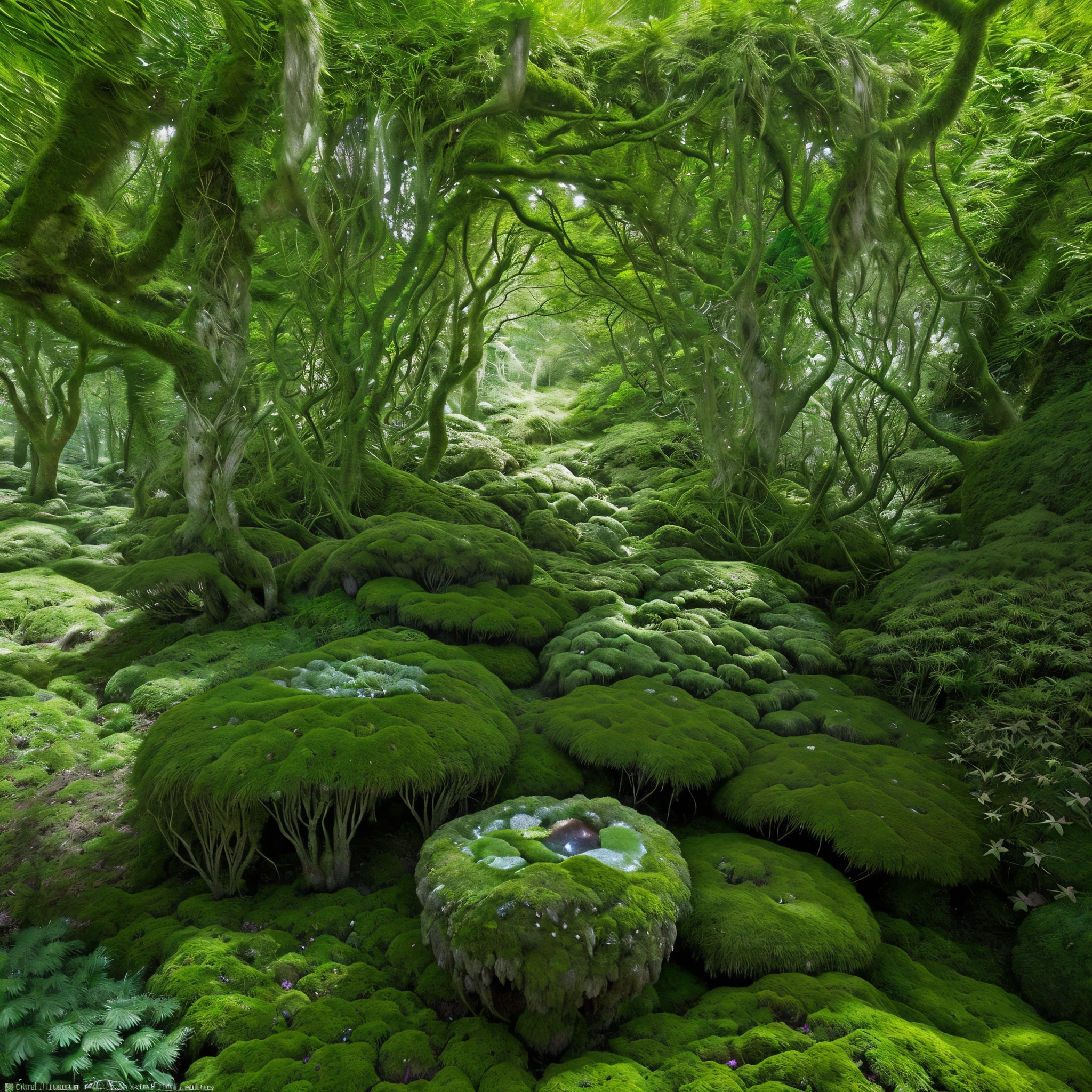Nestled among the vibrant green ferns and towering trees, a collection of lush moss-covered rocks command attention in this impeccably detailed photograph. Each rock is adorned with velvety emerald moss, delicately weaving together a tapestry of rich textures. The image captures the serene beauty of a moss-filled woodland, transporting viewers into a tranquil oasis where nature reigns supreme. With meticulous focus and stunning colors, this photograph invites viewers to immerse in the exquisite intricacies of the moss-covered rocks.