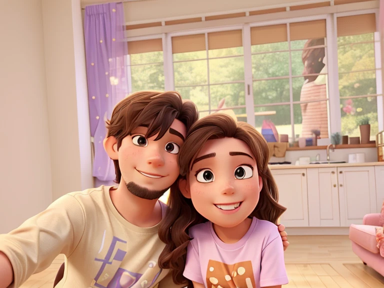 there is a man and woman taking a selfie together, lovely couple,  in love selfie,  photo taken with canon 5d with her long, taken at golden hour in the living room. The t-shirt of the boy is light brown and the t-shirt of the girl is purple. A boy with a little bit beards. The hair of the girl is long and straight