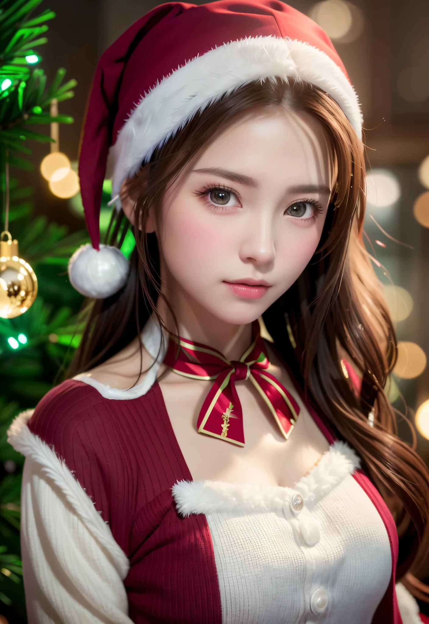 8K, of the highest quality, masutepiece:1.2), (Realistic, Photorealsitic:1.37), of the highest quality, masutepiece, Beautiful young woman, Pensive expression,、A charming、and an inviting look, cute santa clothes, Hair tied back, Cinematic background, Light skin tone、Christmas