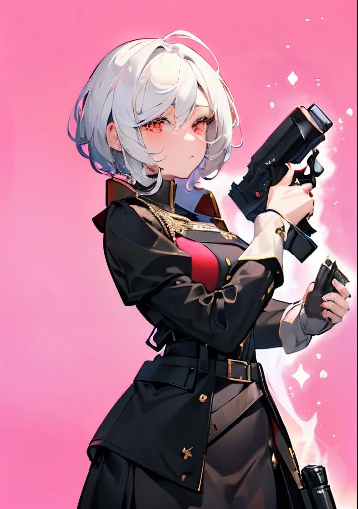 ⓪Action：(holding pistol,: 1.5), Finger guns, put one’s finger on trigger,
①Quality：(ultra-detailed:1.3), masterpiece, 8k, extremely detailed CG, (1 girl), Perfect hands:1.2), (Perfect Anatomy:1.2), (beautiful face: 1.1), Intricate Iris Details, Captivating Eye Reflections, Sparkling Highlights in the Eyes, Depth and Dimension in the Pupils, Subtle Color Variations in the Iris, Meticulous Eyelash Details,　Depth and Dimension in the Pupils, 
②Lighting：brightening light, moody lighting, nature lighting, Best Illumination, 
③ part: (small breasts: 1.2), shiny hair, floating hair, sparkling pupils, detailed face, detailed eyes, detailed skin, shiny hair, 
④Style: animation, illustration, (blush:1.0), Mass sweat　 
⑤Subject (short hair:1.3), (White hair, short hair, red eyes, ), 
⑥Environment：shooting range,Cyber cty,
⑦Construction：Upper body, looking away,
⑧Costume : (Manteau,black one-piece military uniform,black skirt,belt at under the breast,: 1.3), Beautiful breasts,black tights,
⑨Others：(Toned wais,slender bod,small hea,Seven-headed body, beauty legs, Footboard beauty),