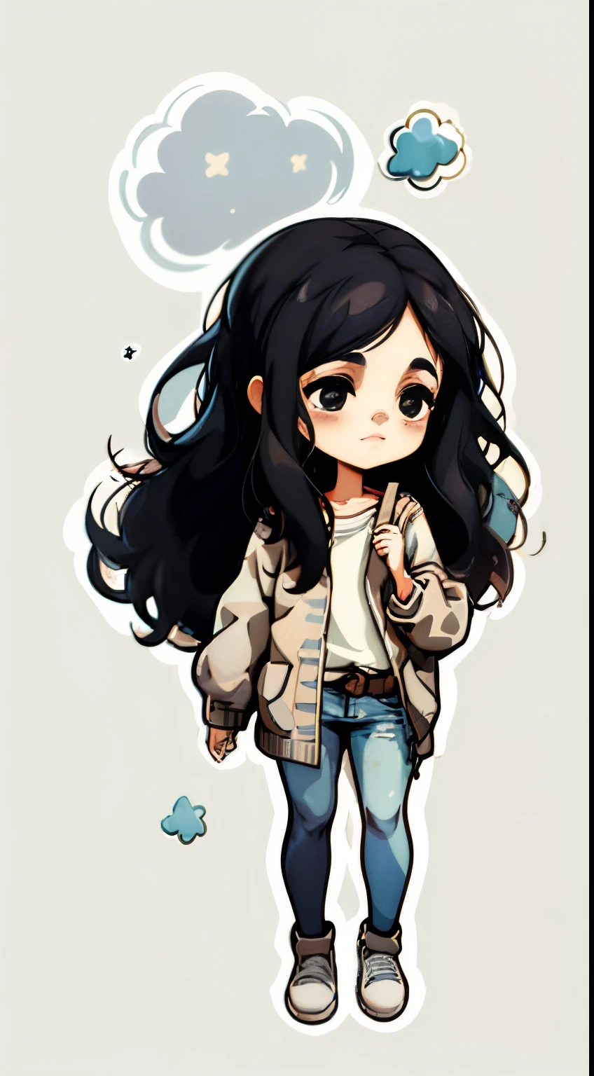 1 sticker, handbook, (sticker, a stylish girl, model, cool tide), light background, simple background, minimal, cute, tiny, pastel color, vector style, no gradient, black hair, pieck finger, aot, long hair, casual clothes, discret sad smile, full body