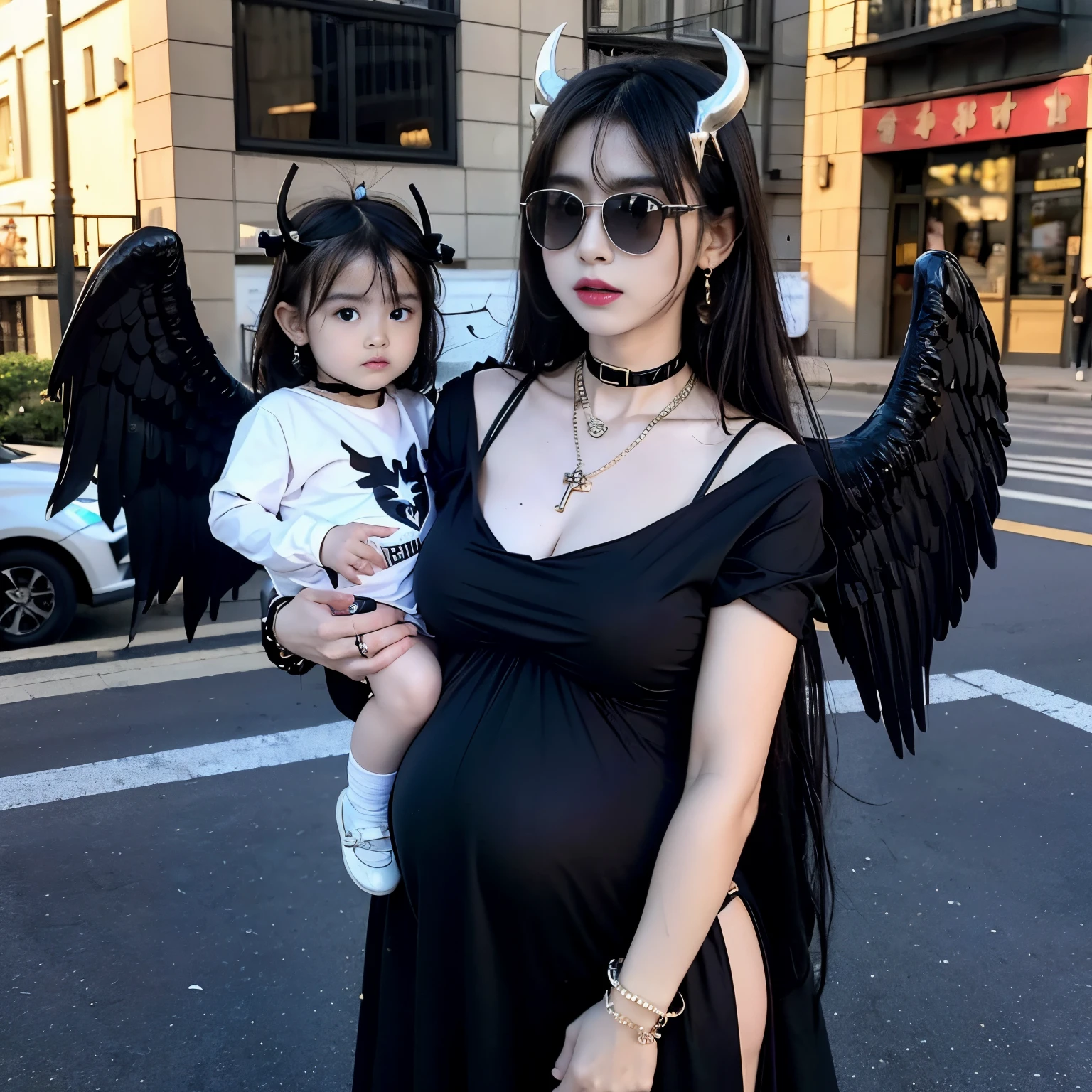 Sunglasses, 1 girl with jesus, black dress, wings, black wings, angel, halo, demon horns, standing on the street, choker, midget, super villain, stand, look at the viewer, cross necklace, earrings, jewellery, jesus, jesus christ, cross tatto, sunglasses, holding a baby, pregnant, holding a kid