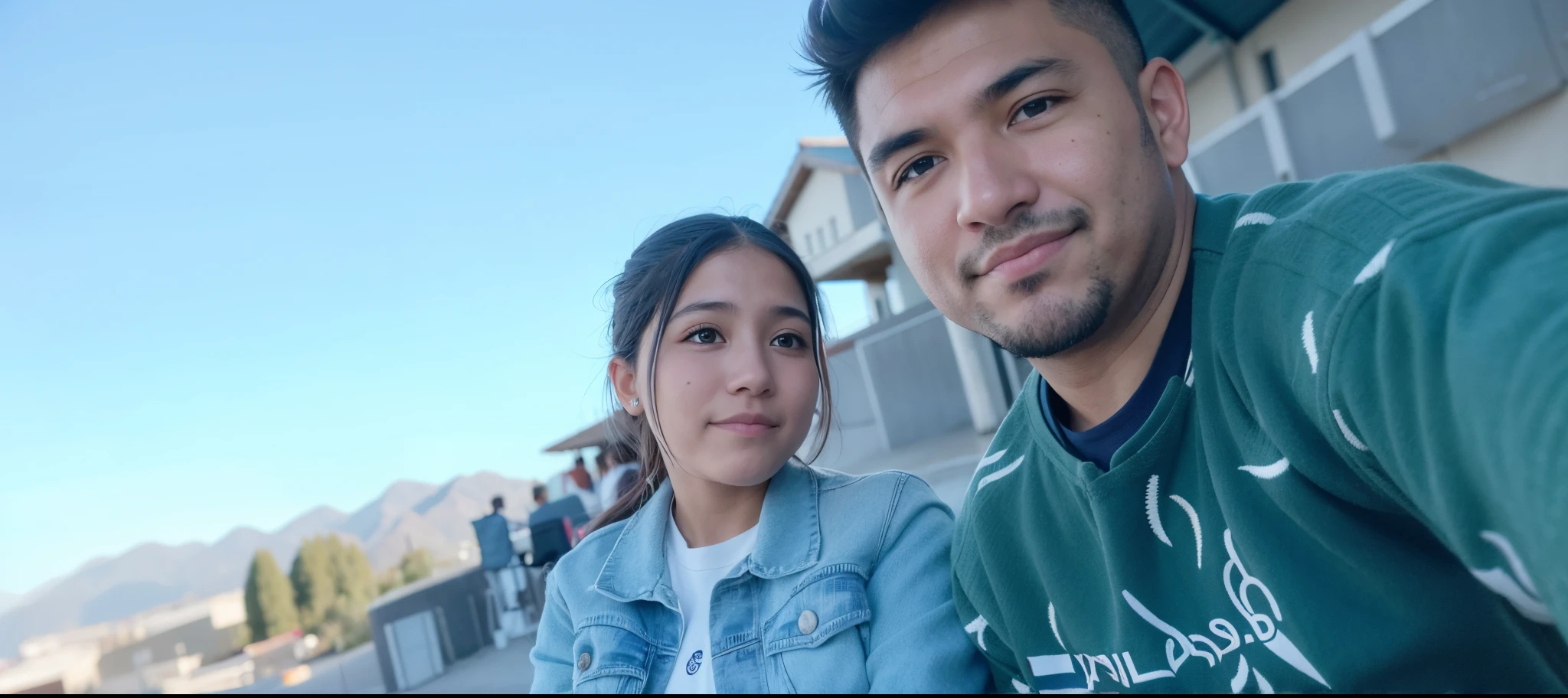 They are taking a selfie of a man and a woman, imagen de muy muy muy baja calidad, Pareja encantadora, 8k selfie photograph, Quechua!!, jose miguel roman frances, pareja, En Chuquicamata, with mountains in the background, escuela secundaria, castigo samaniego, foto realista, taken with the best dlsr camera, selfie enamorado
