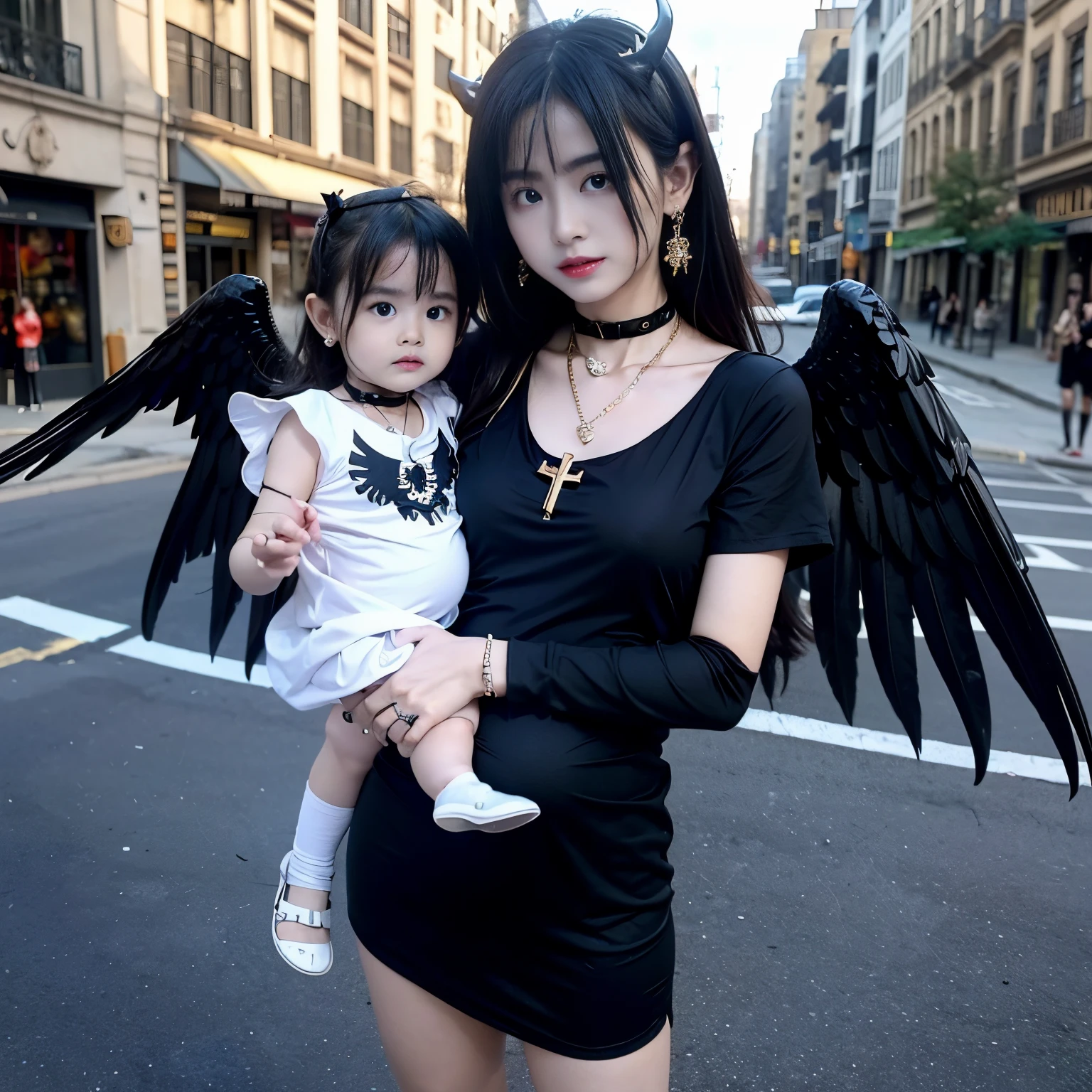 Sunglasses, 1 girl with jesus, black dress, wings, black wings, angel, halo, demon horns, standing on the street, choker, midget, super villain, stand, look at the viewer, cross necklace, earrings, jewellery, jesus, jesus christ, cross tatto, sunglasses, holding a , pregnant, holding a kid