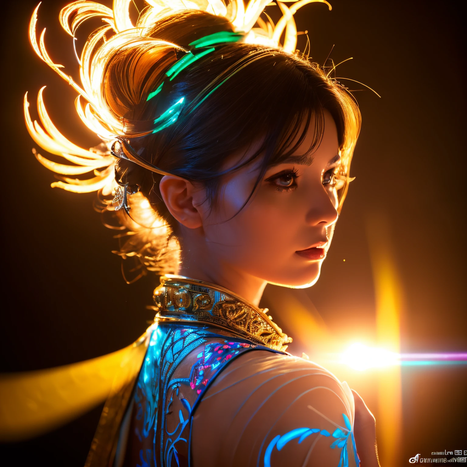 (Masterpiece:1.2), best quality, (illustration:1.2), enticing,(Masterfully crafted Glow, lens flare), (ultra-detailed), hyper details, (delicate detailed), (intricate details), (cinematic light, best quality Backlights), clear line, solo female, solo female, perfect body, (1girl), bioluminescent hair, glowing eyes, slightly close eyes, fantasy, (Dynamic:1.2), ((makeup)), high contrast, (best illumination, an extremely delicate and beautiful), ((cinematic light)), colourful, powerful, (Cinematic masterpiece), photoshoot, Fate Grand Order, mythic, splashes of colour, absolutely eye-catching, ((colourful paint splashes on background, dulux,)), ((caustic)), dynamic angle, beautiful detailed lights, (Captivating),(Intricately Detailed Cinematic Golden Colosseum:1.1), ambient occlusion, ambient light, ray-traced reflections, intricately detailed glint blade phalanx, subsurface scattering, (glint blade phalanx:1.2)