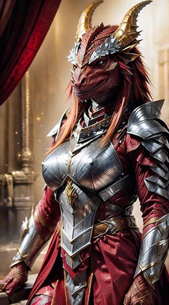 Red Female Dragonborn, silver plate armor, gold eyes,