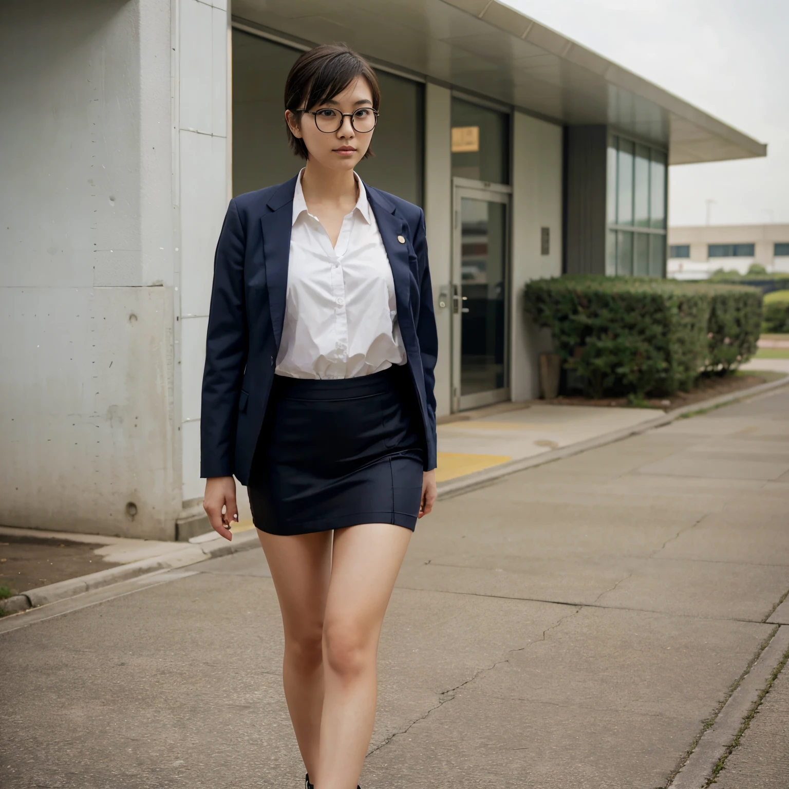 Japanese girl, short cut, round glasses, business suit, tight skirt, air force base, runway, outdoor
