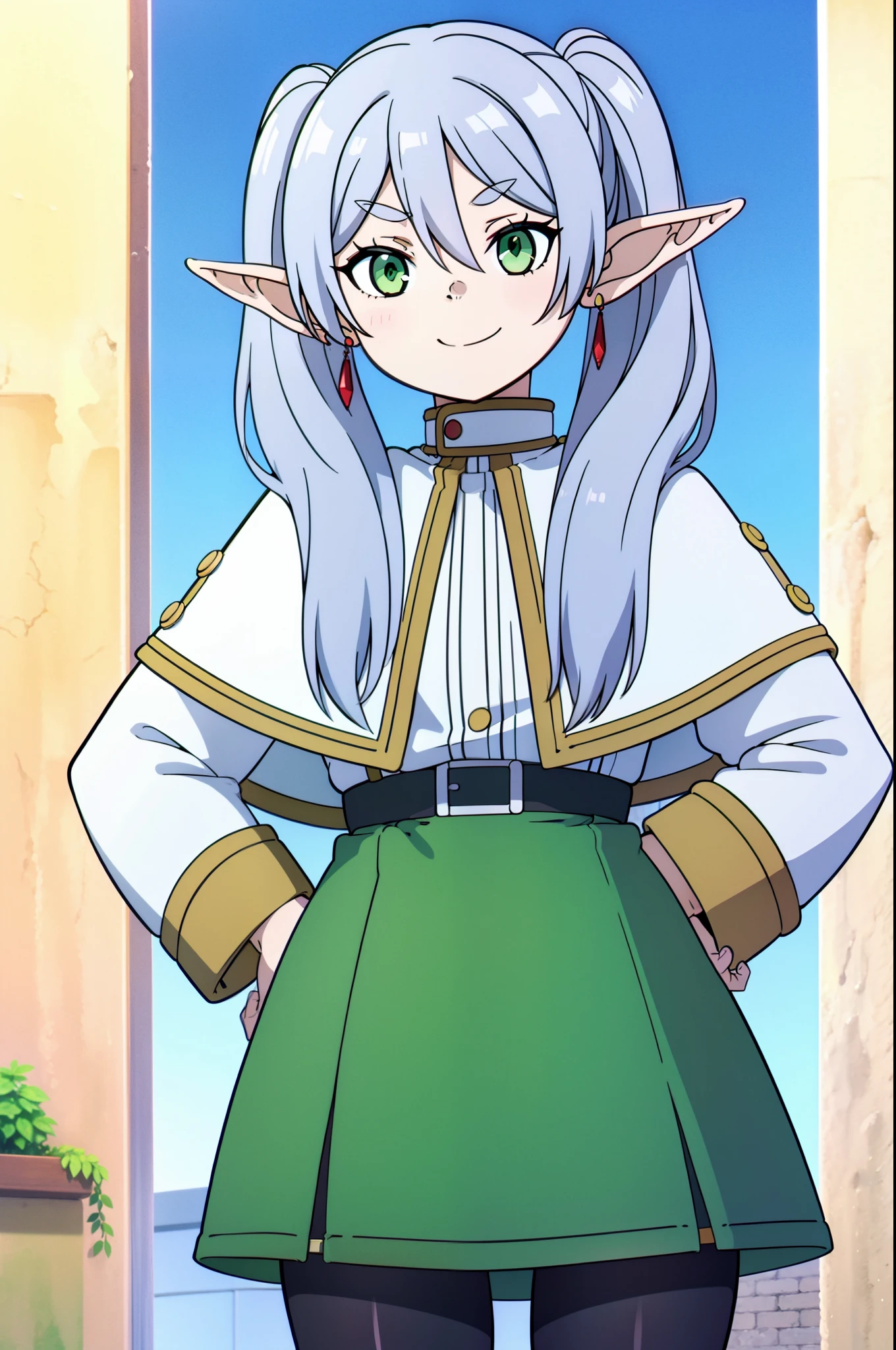 masterpiece, illustration, best quality, 8k, 1girl, solo, frieren, long hair, twintails, (green eyes:1.2), grey hair, pointy ears, elf, serious, smug, closed mouth, big smile, fun, small breasts, Frieren costume, capelet, jacket, striped shirt, belt, skirt, pantyhose, boots, ((close-up)), upper body, ((hands on hips))