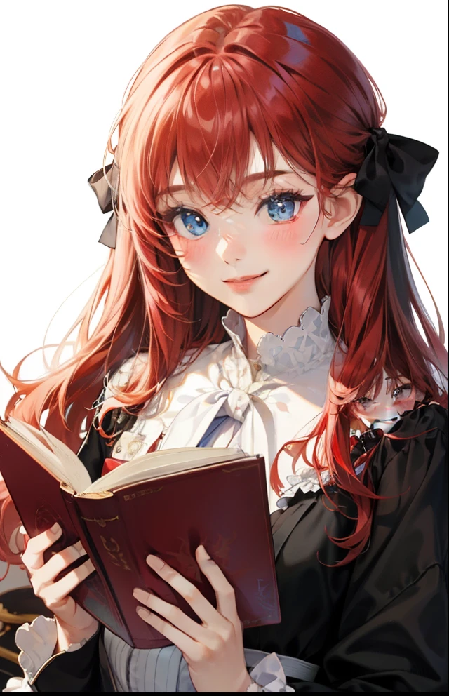 girl with、Background white、without background、Red hair、The long-haired、Contrasting bangs、Long sleeve dress、bow ribbon、Boken、Reading a book、with blush cheeks、Smiling、kawaii、without background
