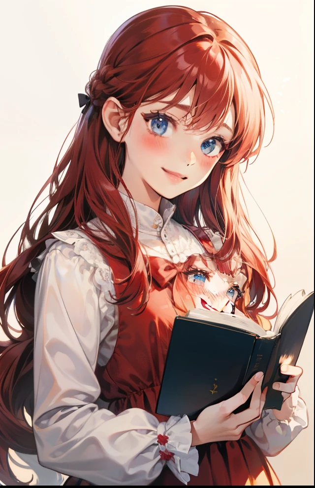 girl with、Background white、without background、Red hair、The long-haired、Contrasting bangs、Long sleeve dress、bow ribbon、Boken、Reading a book、with blush cheeks、Smiling、kawaii、without background