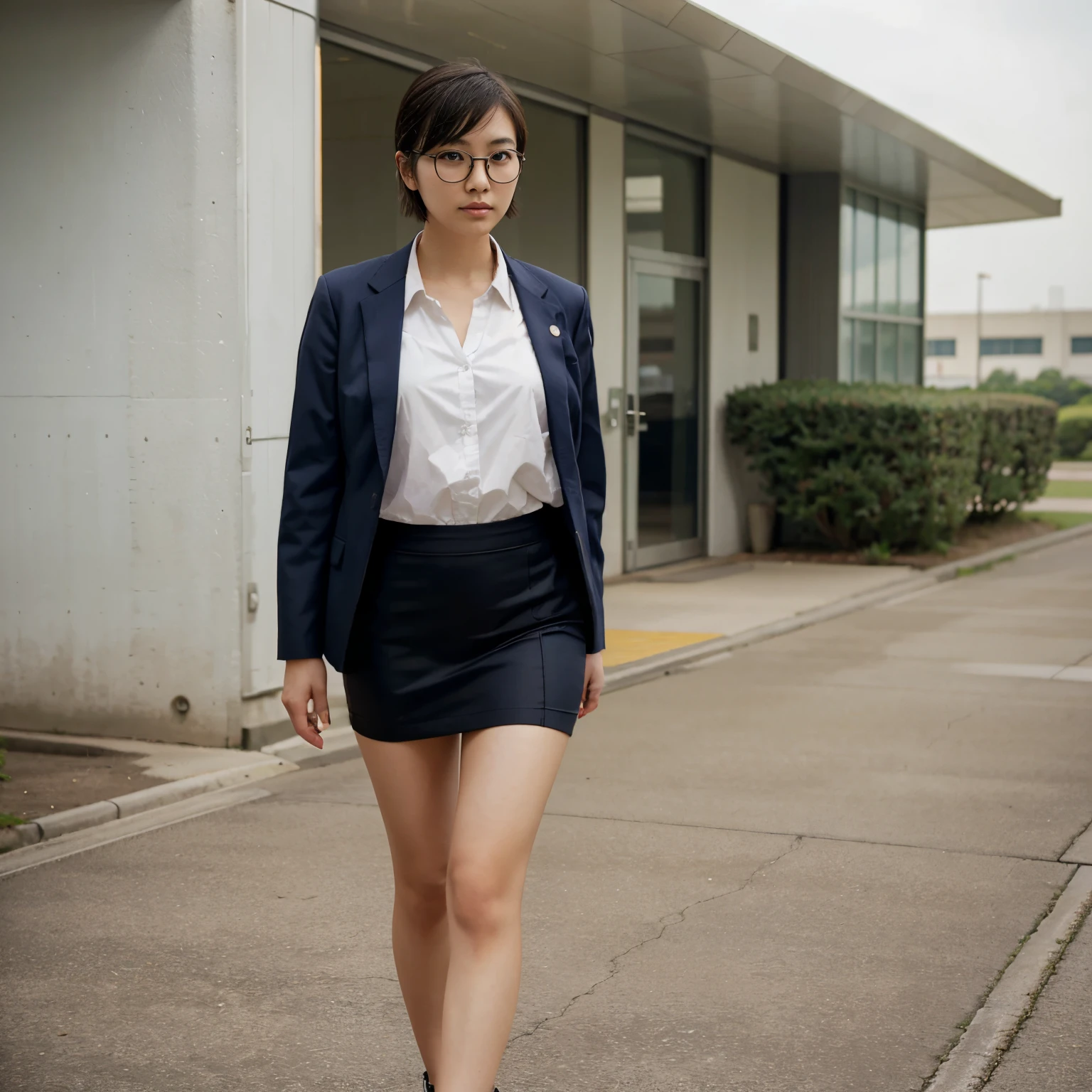 Japanese girl, short cut, round glasses, business suit, tight skirt, air force base, runway, outdoor