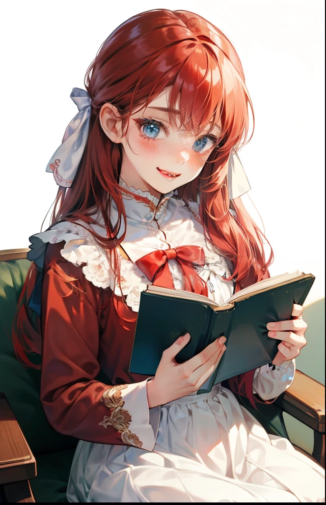 girl with、Background white、without background、Red hair、The long-haired、Contrasting bangs、Long sleeve dress、bow ribbon、Boken、Reading a book、with blush cheeks、Smiling、kawaii、without background