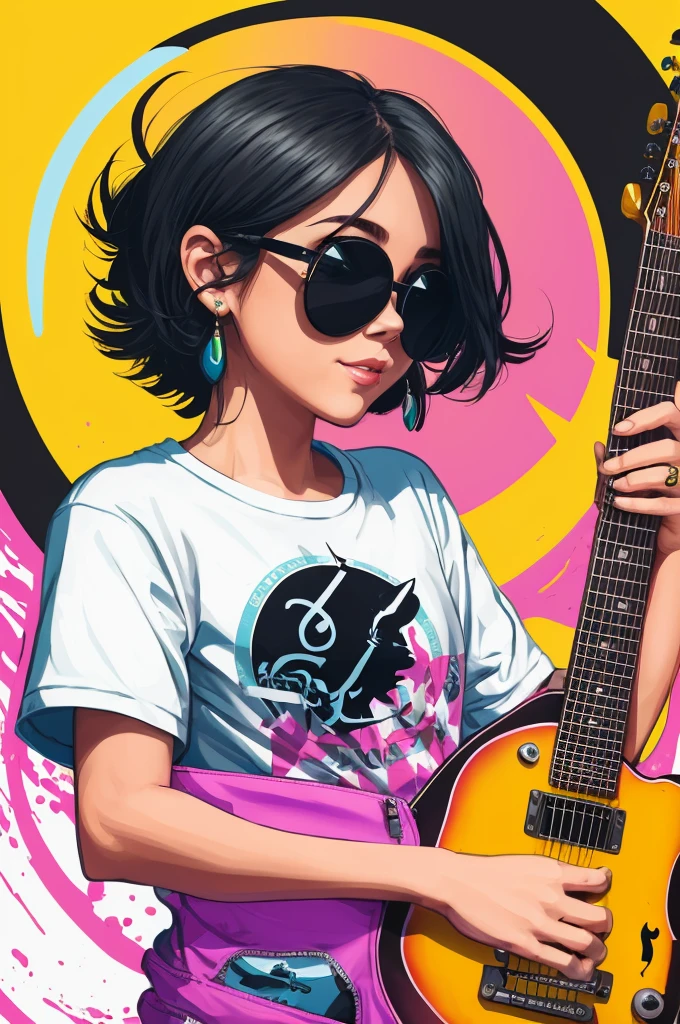 Sticker illustration of ((( Lindo pato rosa ,usar gafas de sol y , jurando una chaqueta de cuero negro .))), cuerpo completo ,sticker, Estilo 2d, vectorial, Colores Pantone, Splatoon custome, borde blanco, Fondo a todo color, Vibrant 7-color palette playing an electric guitar, with a funny expression, vector illustration, minimalista, Digital illustration, T-shirt design, Dramatic lighting, Altamente detallado, 2d, 300 ppp, Rgb, plano, Sin antecedentes, tattoo design, La acuarela salpica el fondo, extremadamente detallado, hiper detallado, Intrincadamente detallado, Detalles realistas --auto --s2
