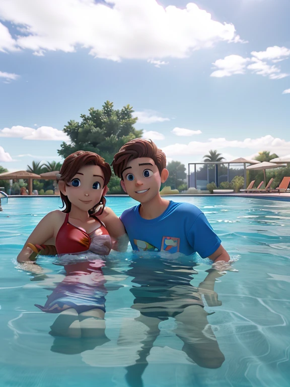 there are lovely couple in the swimming pool posing for a picture, swimming, sitting in the pool, taken on go pro hero8, 35 mm photo, 35mm photo. The girl is wearing red bra and the boy is wearing a blue t-shirt swimming tanks. The hair of the girl is long and straight. Brown hair