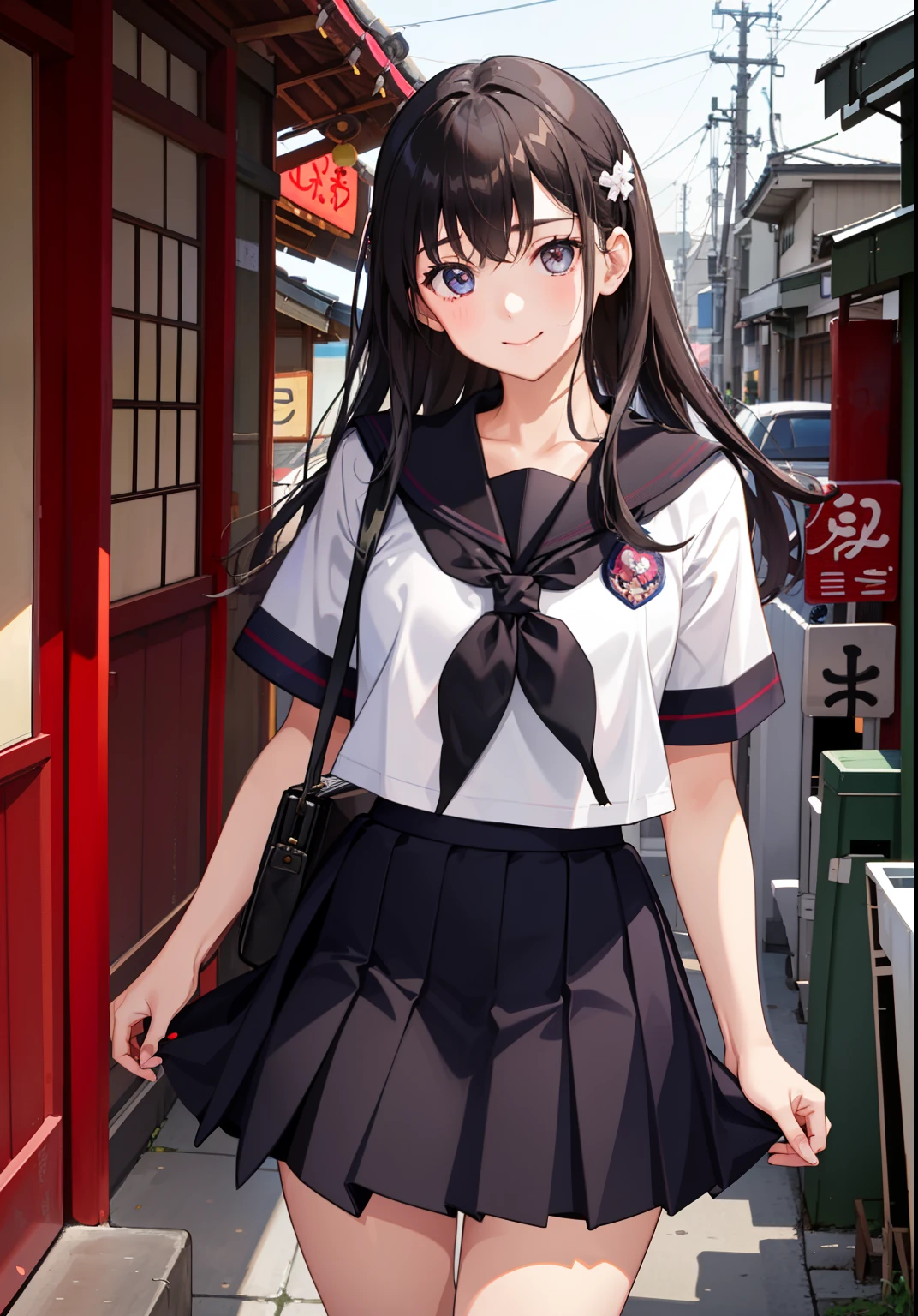 1girl in、AS-Adult、A smile、The shirt、skirt by the、Light in the eyes、（highlight in eyes）、（small tits）Chilarism、Japan High School Student Uniform、serafuku、summer clothing、（Portrait from the knee up）、