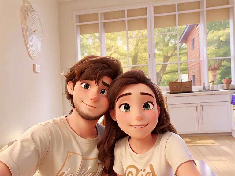 there is a man and woman taking a selfie together, lovely couple, in love selfie, photo taken with canon 5d with her long, taken at golden hour in the living room. The t-shirt of the boy is light brown and the t-shirt of the girl is purple. A boy with a little beards. The hair of the girl is long and straight