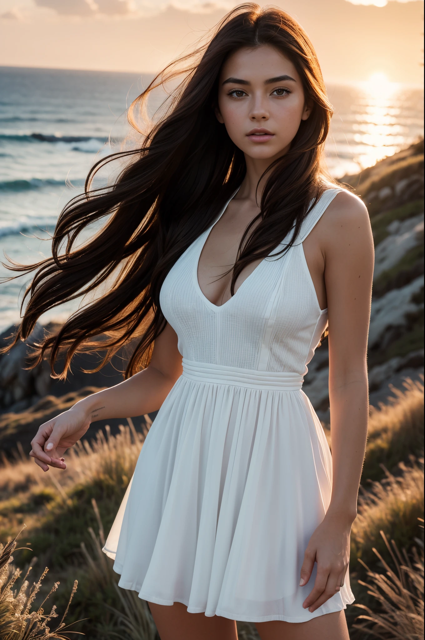 Full shot, full body portrait, a beautiful brunette woman standing on a (((high grassy bluff))) overlooking the ocean, facing the ocean, facing away from viewer, wearing a black Coco Chanel original, sun setting over the ocean, beautiful sunset, her hair blowing in the wind, (realistic)), ethereal lighting, ultra-high res.photorealistic:.1.4, (high detailed skin:1.2), 8k uhd, dslr, high quality, film grain, Fujifilm XT3,(masterpiece) (best quality) (detailed) (cinematic lighting) (sharp focus) (intricate)