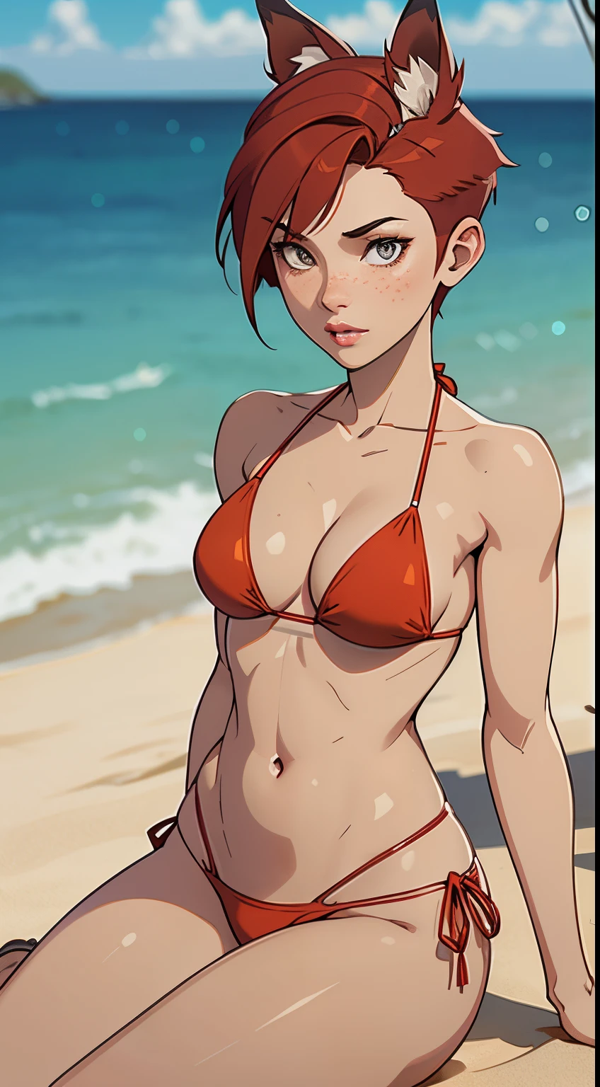 1girl, full body, ager, solo, (short pixie cut Hair, undercut red hair: 1.28), ((light gray eyes)), some small freckles, (dark fox ears: 1.35), pale skin, large breasts, cleavage, (thin hips, thin waist , athletic body: 1.25), simple background, looking away, (wearing only a bikini: 1.5), lying down in the sand, at a beach, masterpiece, best quality,3d rending work ,3DMM style, close-up, portrait, 3D,