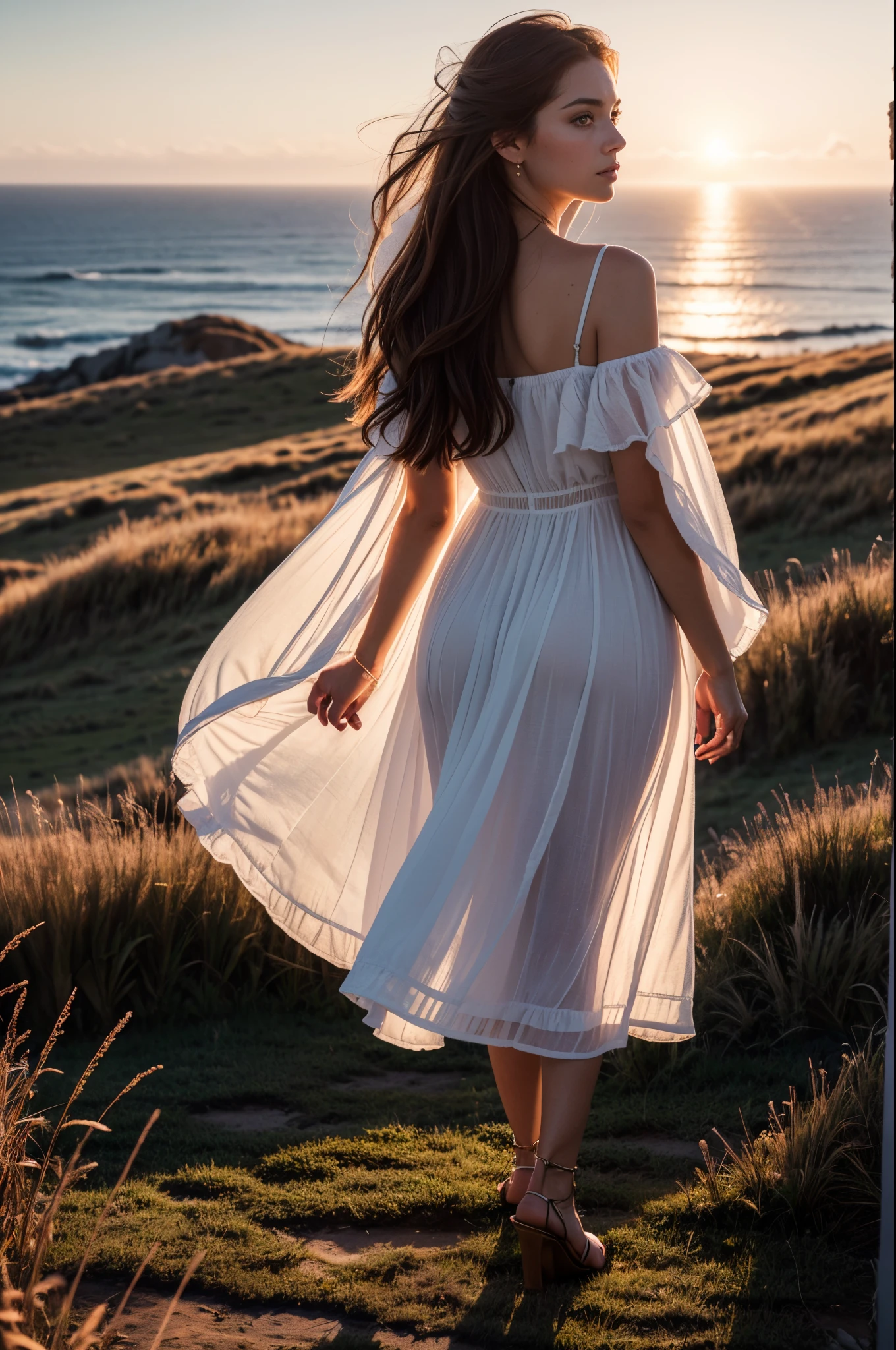 Full shot, full body portrait, a beautiful brunette woman standing on a (((high grassy bluff))) overlooking the ocean, (((facing away from viewer))), wearing a, Oscar De la Renta original, sun setting over the ocean, beautiful sunset, her hair blowing in the wind, (realistic)), ethereal lighting, ultra-high res.photorealistic:.1.4, (high detailed skin:1.2), 8k uhd, dslr, high quality, film grain, Fujifilm XT3,(masterpiece) (best quality) (detailed) (cinematic lighting) (sharp focus) (intricate)