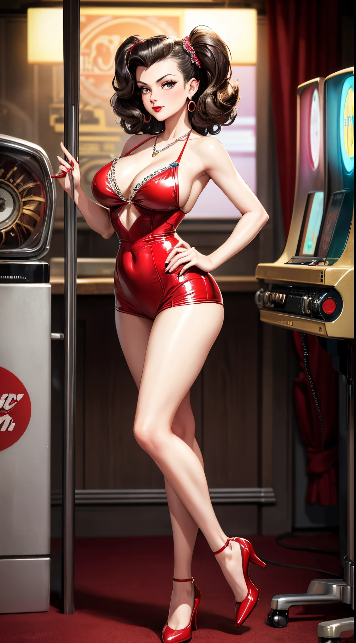 Generate a high-resolution image featuring a glamorous pin-up girl in a retro style. The girl should exude confidence and sensuality while posing in a vintage fashion reminiscent of the 1950s. Incorporate classic elements such as red lipstick, a polka-dot bikini, and wavy, voluminous hair. Surround the pin-up girl with subtle cues of the era, like a hot rod car in the background and a jukebox on the side. Ensure the lighting enhances the overall aesthetic, giving the image a warm, nostalgic feel. Capture the essence of classic pin-up art with a modern twist, combining allure and timeless elegance. (full body:1.5)