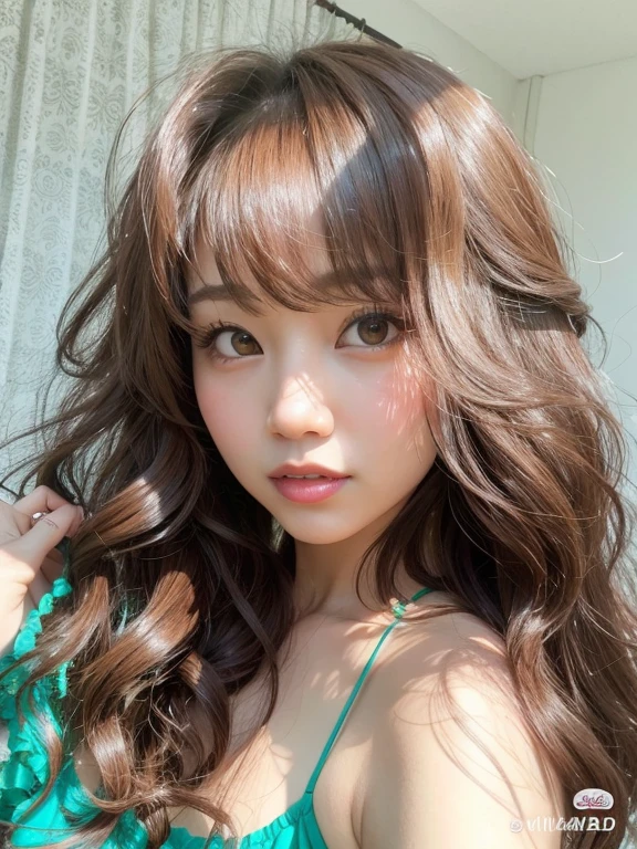 Asian woman with long brown hair and green dress posing for a photo., auburn hair with bangs, flequillo y cabello ondulado, brown hair and bangs, brown long hair with bangs, Sakimichan, ulzzang, Pelo largo con flequillo, Cabello limpio con flequillo, brown bangs, with brown hair, Cabello largo con flequillo completo, cabello whitebangs cabello