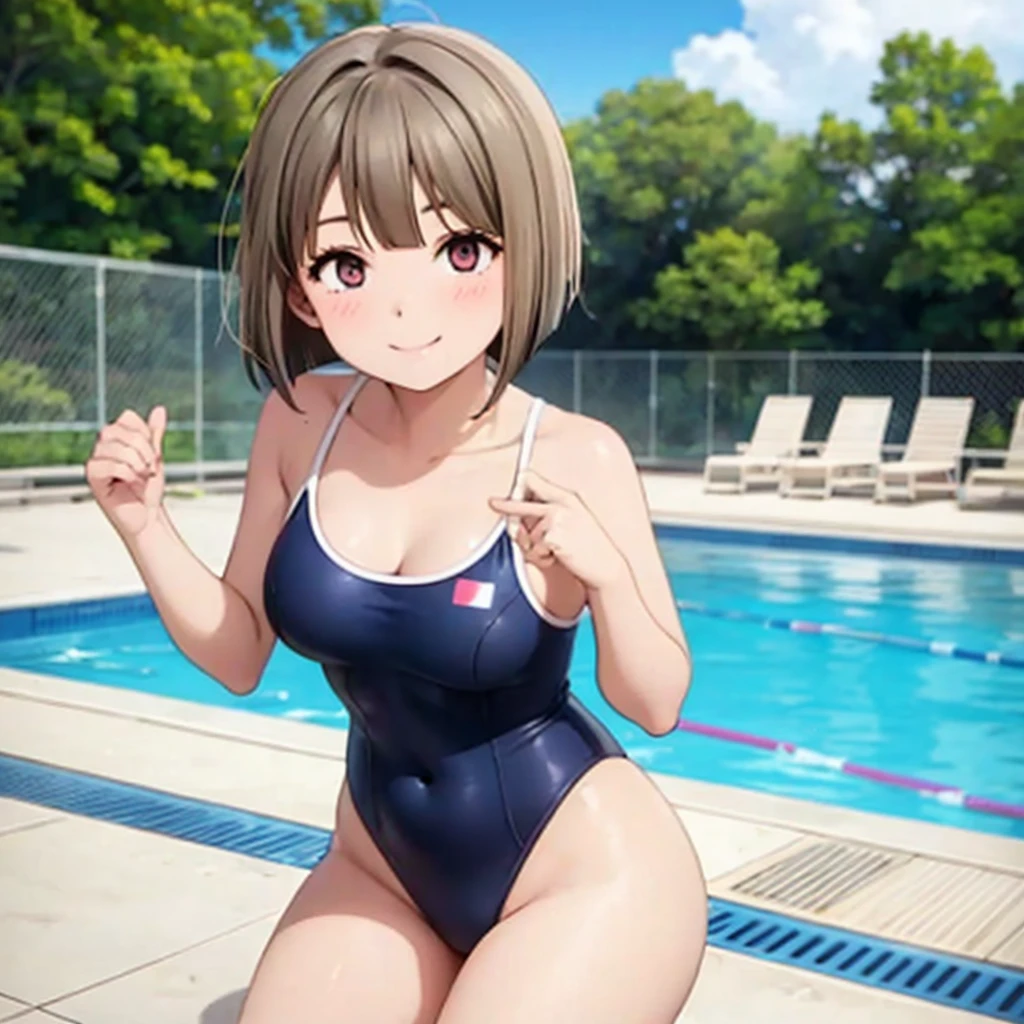 18year old, girl with, Clothes: onepiece swimsuit,slightly larger udder,Narrow waist, Hairstyle is a bob cut, Poolside background,Smiling face