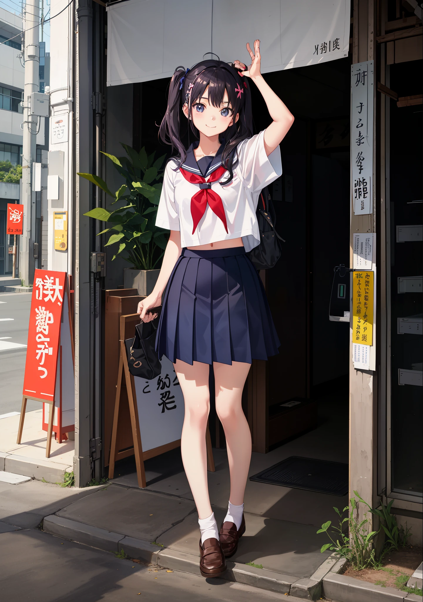 1girl in、A smile、The shirt、skirt by the、Light in the eyes、（highlight in eyes）、（small tits）Chilarism、Japan High School Student Uniform、serafuku、summer clothing、（Portrait from the knee up）、
