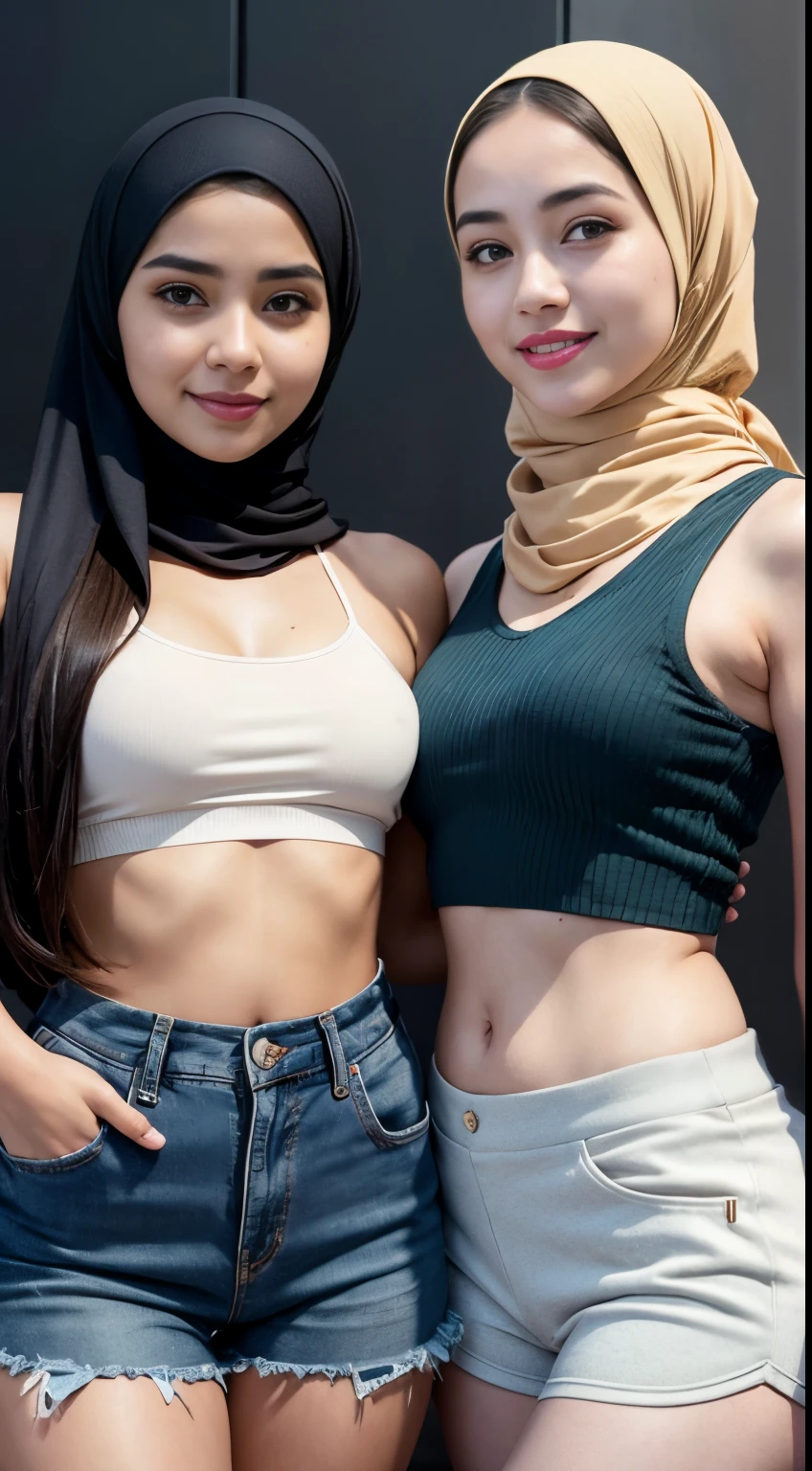 (iu:0.8).cleavage, RAW, Best quality, high resolution, Masterpiece: 1.3, two Beautiful glasses hijabi java girls wearing croptop and boyshort, Masterpiece, Soft smile