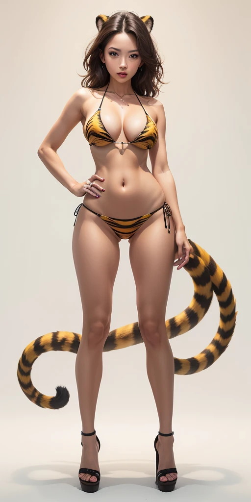 full body standing woman, yellow tiger bikini, white background