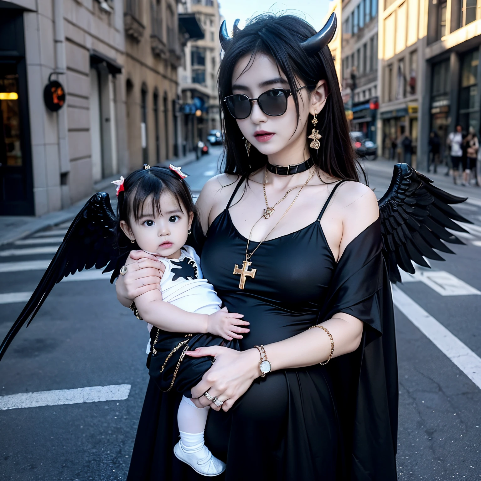 Sunglasses, 1 girl with jesus, black dress, wings, black wings, angel, halo, demon horns, standing on the street, choker, midget, super villain, stand, look at the viewer, cross necklace, earrings, jewellery, jesus, jesus christ, cross tatto, sunglasses, holding a baby, pregnant, holding a kid