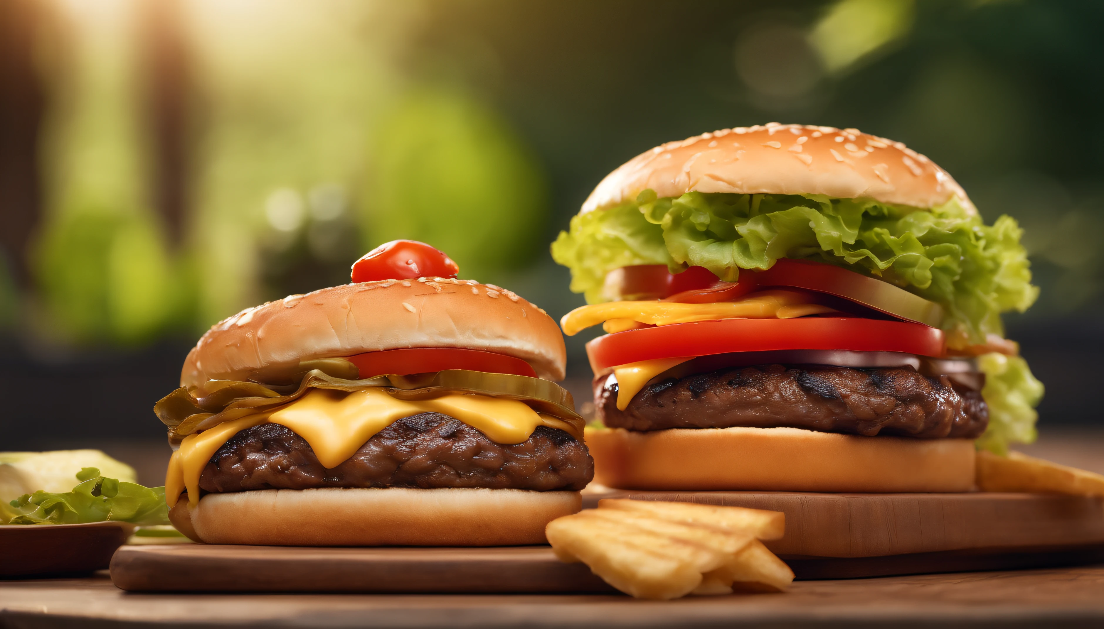 32K、High resolution photo of double cheeseburger, Two perfectly grilled beef patties stacked together., Each is topped with a slice of melted provolone cheese, layered with fresh lettuce, tangy pickles, juicy tomato slices, And topped with plenty of special sauce., We were all hugged by toasted brioche buns...Professional filming