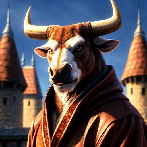 portrait bull wearing brown traveling robes, castle background, intricate, photorealistic, highly detailed, 8K, stoic expression, medium-length horns, two-tone fur, brown and white furred body,
