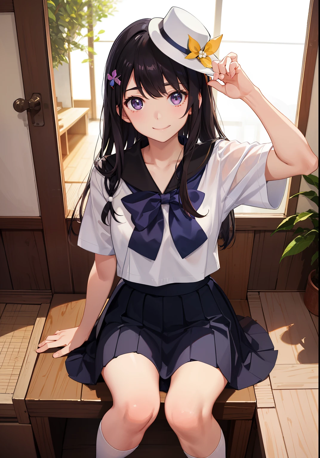 1girl in、A smile、The shirt、skirt by the、Light in the eyes、(highlight in eyes)、(small tits)Chilarism、Japan High School Student Uniform、serafuku、summer clothing、(Portrait from the knee up)、