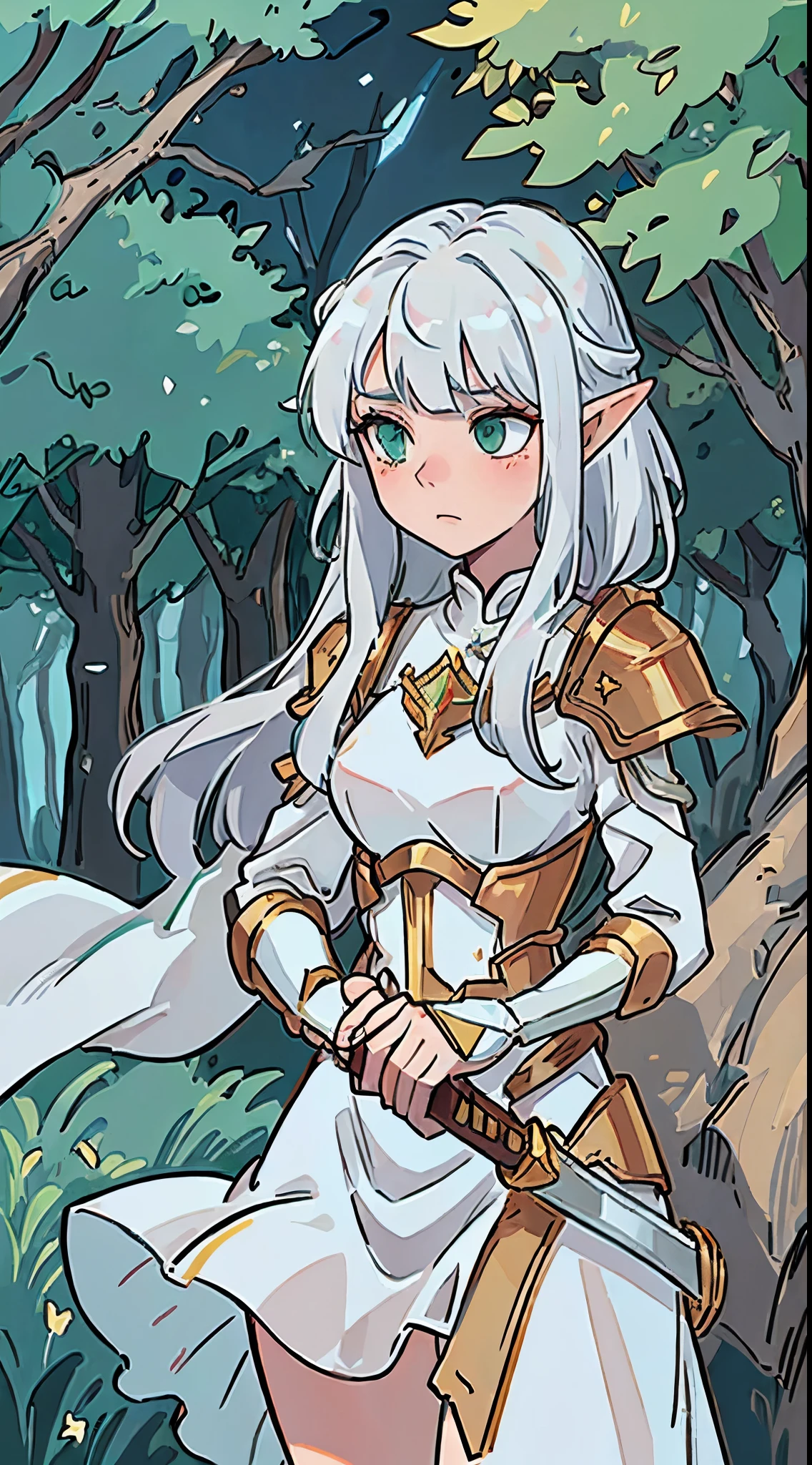 Tessia Eralith the beginning after the end, beautiful girl, elf girl, white hair, hair with bangs, green eyes, white skin, white dress with details in gold, wooden sword, holding sword, wooden armor, forest background, woods background, background lighting, fantasy, plant magic