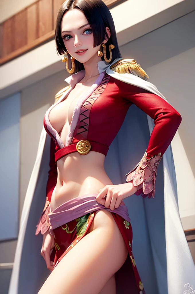 (masterpiece, best quality:1.2), cowboy shot, solo, 1girl, boa hancock, smile, looking at viewer, hand on hip, cape, epaulettes, cleavage, jewelry, earrings, midriff