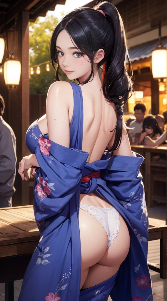 8K quality、top-quality、On a table、super high image quality、ultra - detailed、Ultra-realistic hair textures、vibrant with colors、Beutiful women、long beautiful hair、shinny hair、Delicate hair、blue mesh、pony tails、eBlue eyes、Skin glows、lace underwear big breasts、Diagram of mole on chest、large pecs、The chest is particularly large、Sweaty forehead and cheeks、the butt is large、Fluffy off-the-shoulder yukata、A smile、soft pink lips、Surreal sensibility、Reddening cheeks、summer festival background