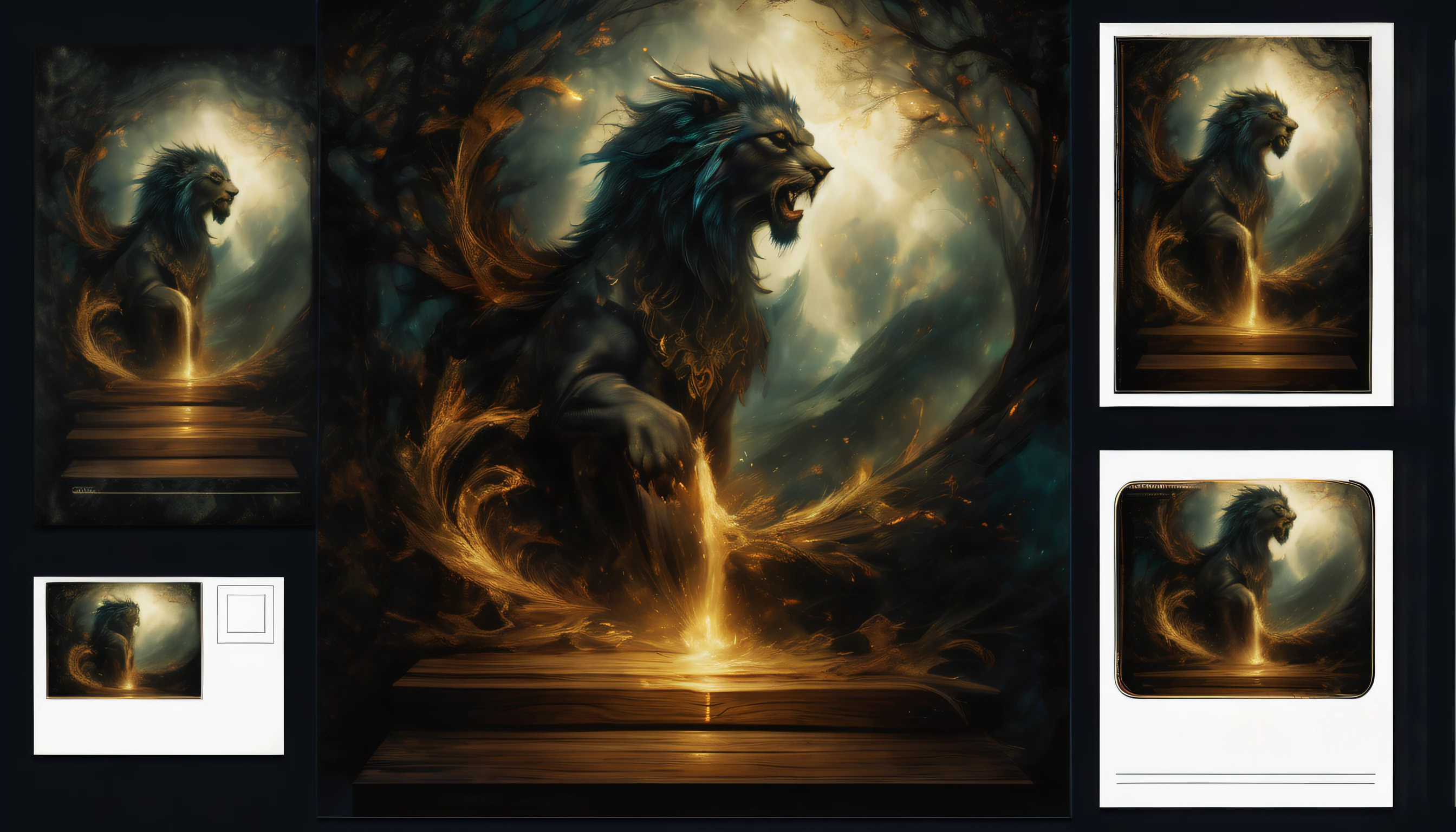 (((Photo of a postcard on a wooden desk:1.4))) (((A design that combines a dark fantasy-style postcard with a divine beast postcard with a majestic design.:1.4))), A postcard design that evokes an otherworldly atmosphere. Masterfully crafted digital art postcards, Postcard design of mysterious beauty, Skillful use of light and shadow creates mesmerizing effects, Eternal fantasy land, fantasy and mystery, high quality postcards, A truly captivating visual、The experience of skilled rendering technology brings the design, A complex and beautiful visual touch, raw power display. The swirling vortex background adds to the impact, (((High-quality brush strokes give photo-realistic postcards:1.4))). seen from a dramatic angle, 4K pixel masterpieces are ultra-detailed and ultra-realistic, Highly intricate and fine detail quality, Fantastic and mysterious atmosphere, Light and shadow interaction, (((Postcards drawn with amazing precision and skill:1.3))),