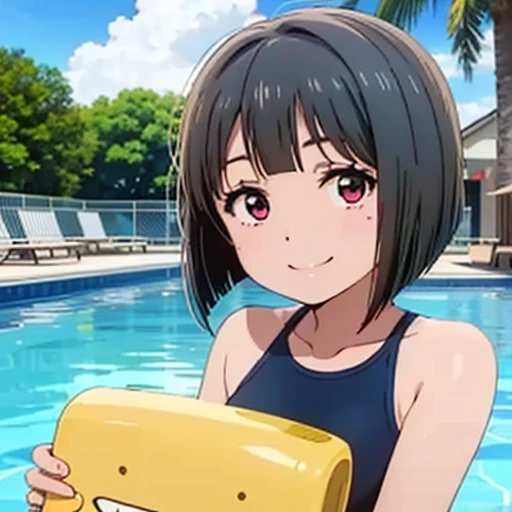 18year old, girl with, Dark blue one-piece swimsuit,slightly larger udder,Narrow waist, Hairstyle is a bob cut, Poolside background,Smiling face