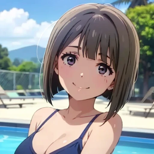 18year old, girl with, Dark blue one-piece swimsuit,slightly larger udder,Narrow waist, Hairstyle is a bob cut, Poolside background,Smiling face