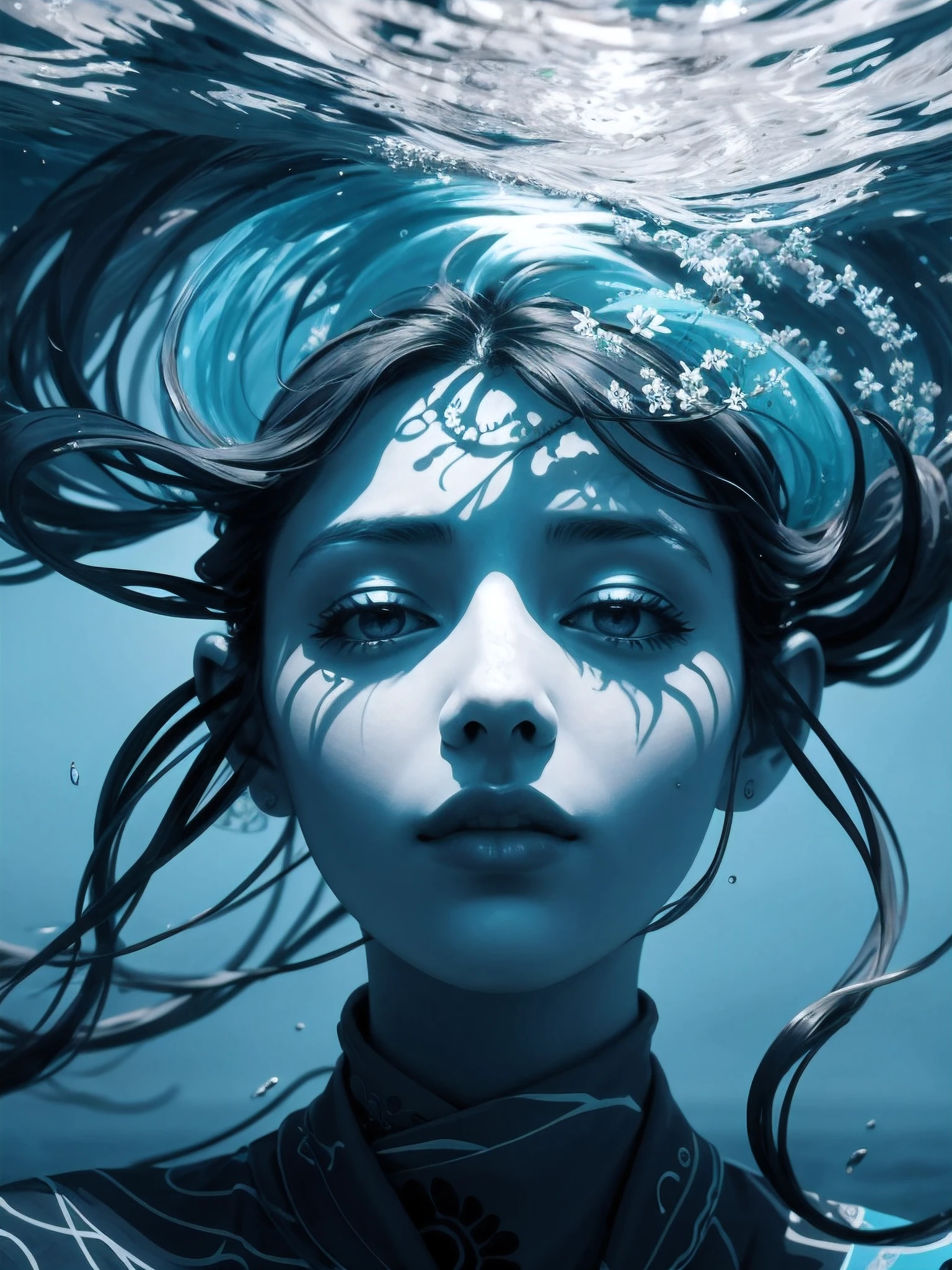 (best_quality, masterpiece:1.2), (detailed), (4k, 8k, uhd, high_resolution, highres), 1girl, flowers, flat color, abstract, ornate, blue theme A great collapsing ocean, shades of blue, feeling of depth, choppy water. It is possible to observe a face forming, c4nd1c3sw