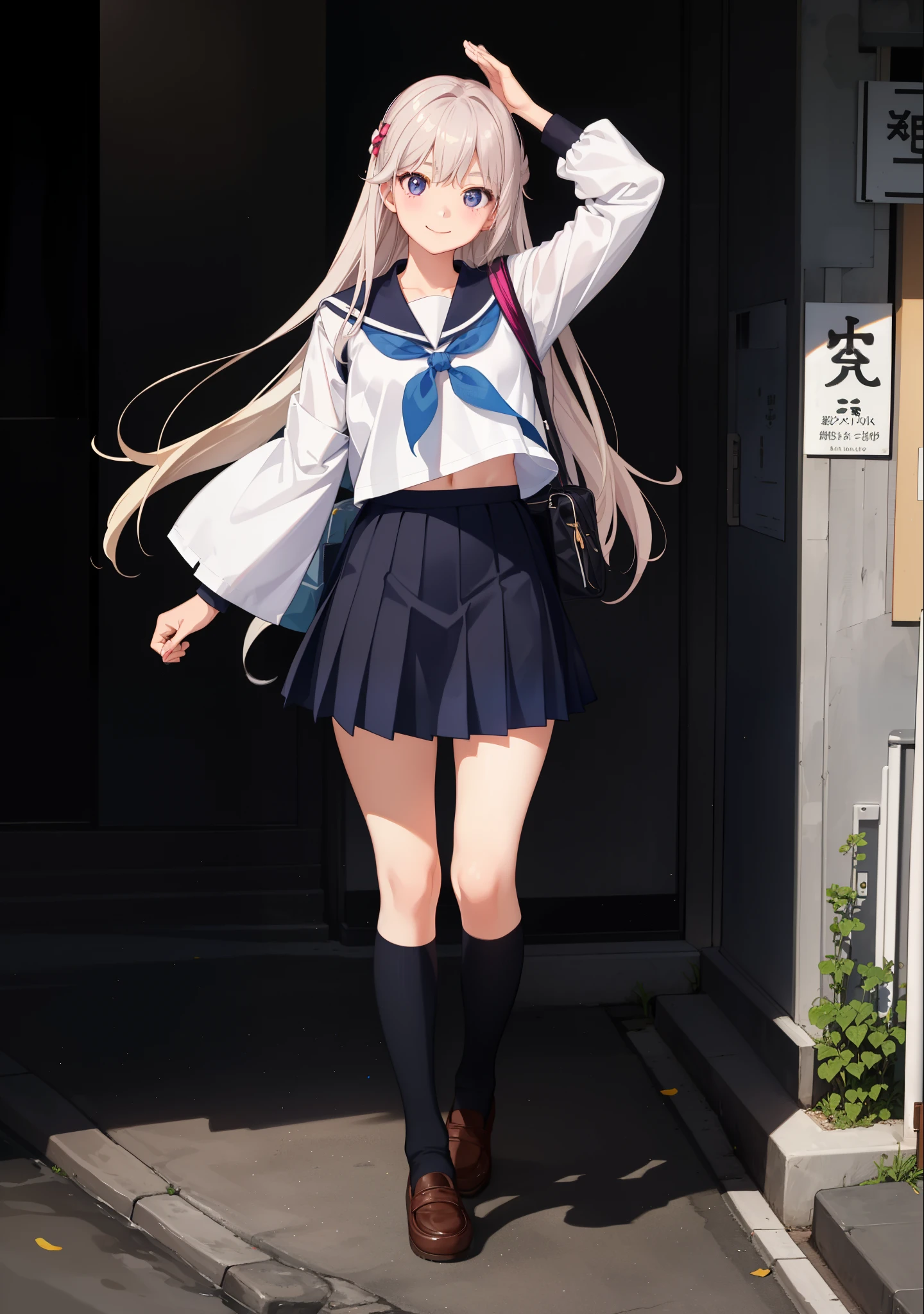 1girl in、A smile、The shirt、skirt by the、Light in the eyes、(highlight in eyes)、(small tits)Chilarism、Japan High School Student Uniform、serafuku、summer clothing、(Portrait from the knee up)、