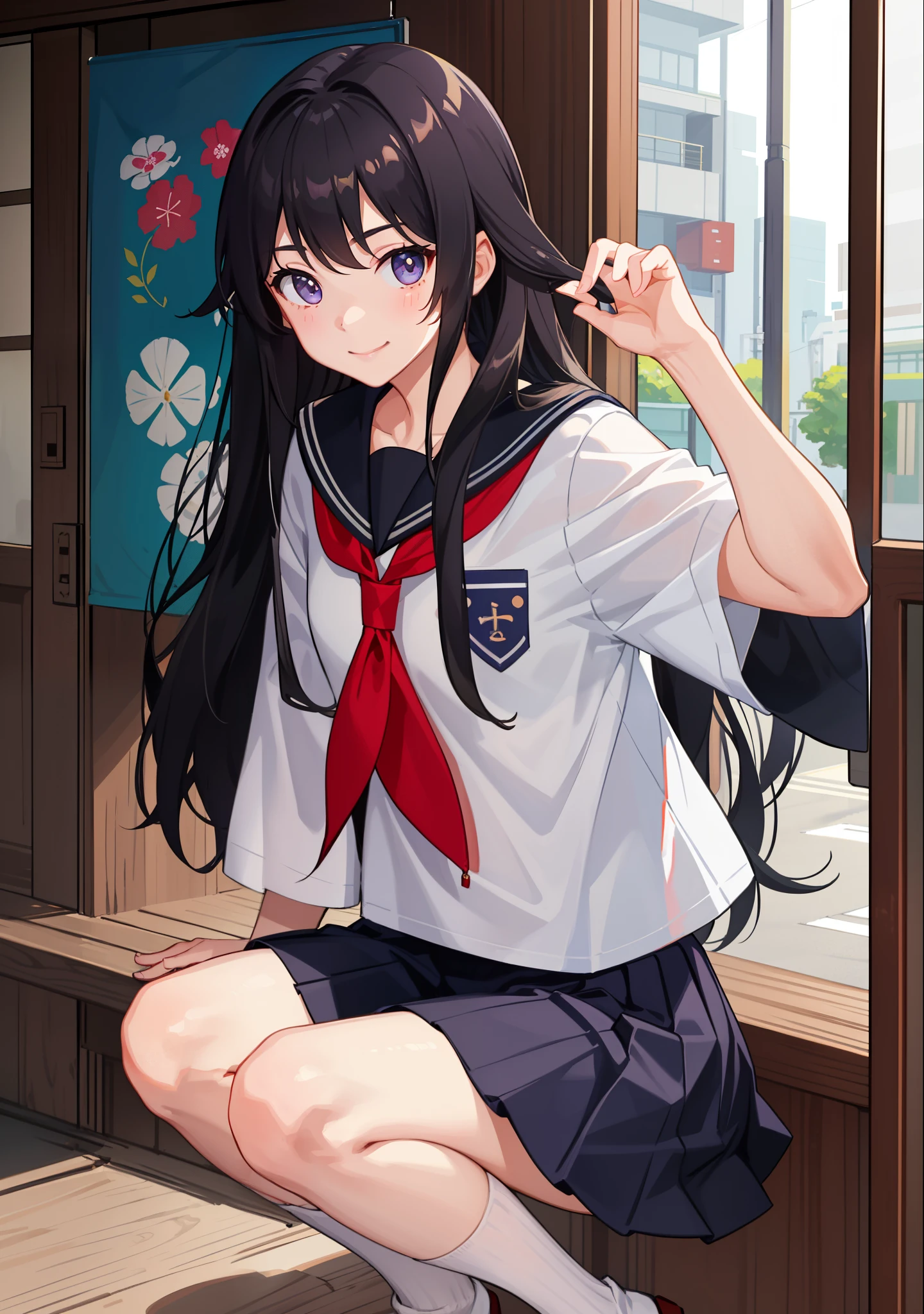 1girl in、A smile、The shirt、skirt by the、Light in the eyes、（highlight in eyes）、（small tits）Chilarism、Japan High School Student Uniform、serafuku、summer clothing、（Portrait from the knee up）、