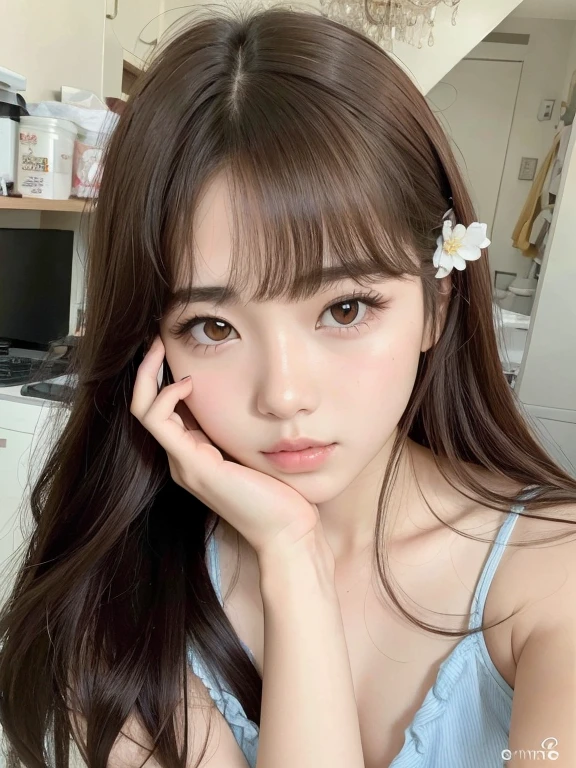 Asian girl with long brown hair and a flower in her hair., chica linda-fina-cara, Linda cara de anime natural, Cara linda clara, ulzzang, Sakimichan, Joven y adorable rostro coreano, Cara delicada y encantadora, brown hair and large eyes, auburn hair with bangs, Hermosa cara de chicas japonesas, con cara linda - fina -